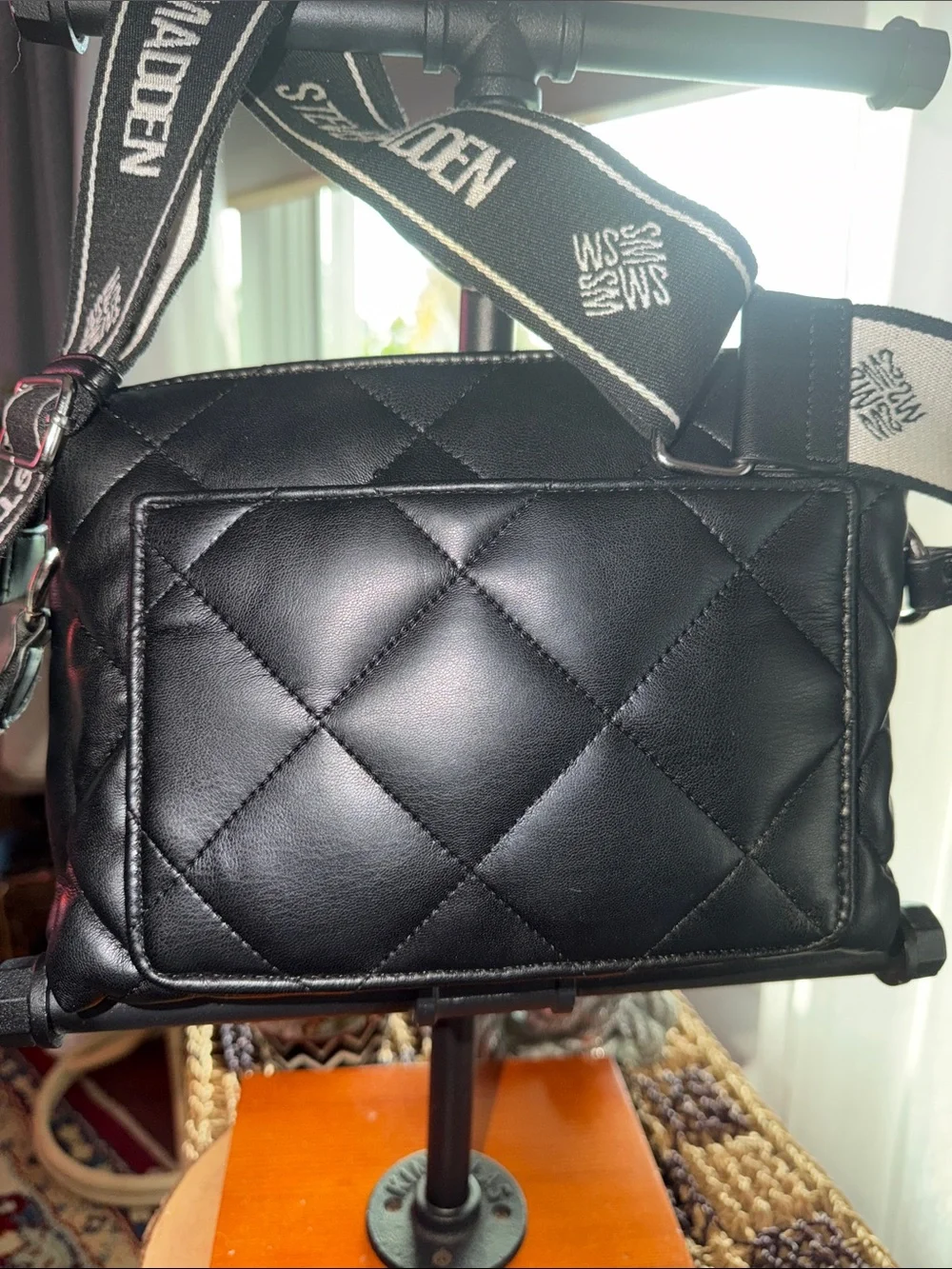 Steve Madden Black Quilted Crossbody Messenger Bag with Logo Strap